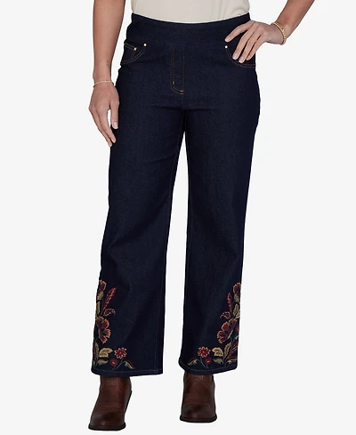 Ruby Rd. Petite Pull-On Wide-Leg Embroidered Denim Pants