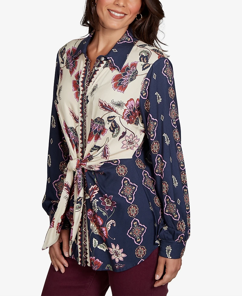 Ruby Rd. Petite Garden Tie-Front Long-Sleeve Floral-Print Blouse