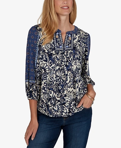 Ruby Rd. Petite Foliage Henley 3/4-Sleeve Floral-Print Blouse