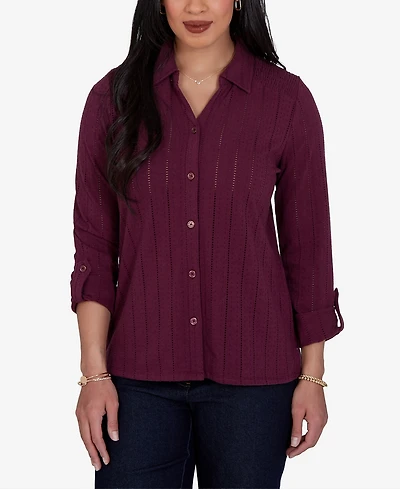 Ruby Rd. Petite Striped 3/4-Sleeve Henley Collar Blouse