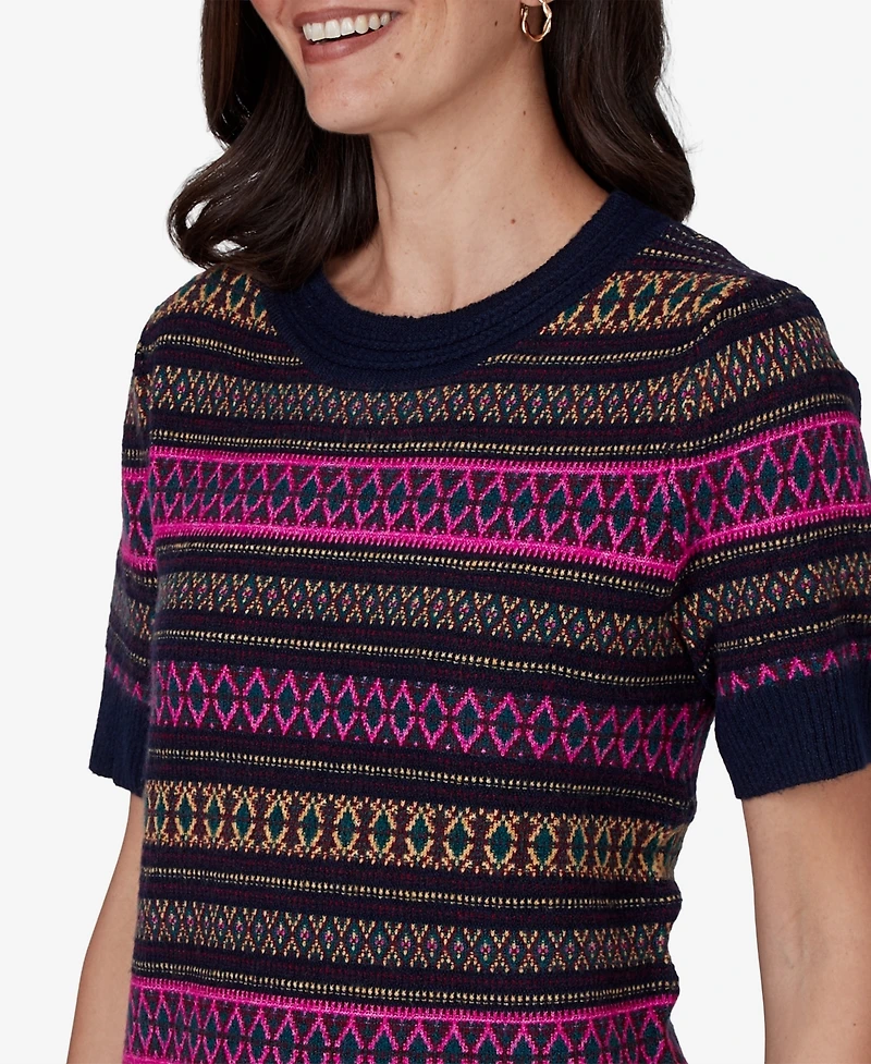 Ruby Rd. Petite Fair Isle Short-Sleeve Scoop Neck Sweater