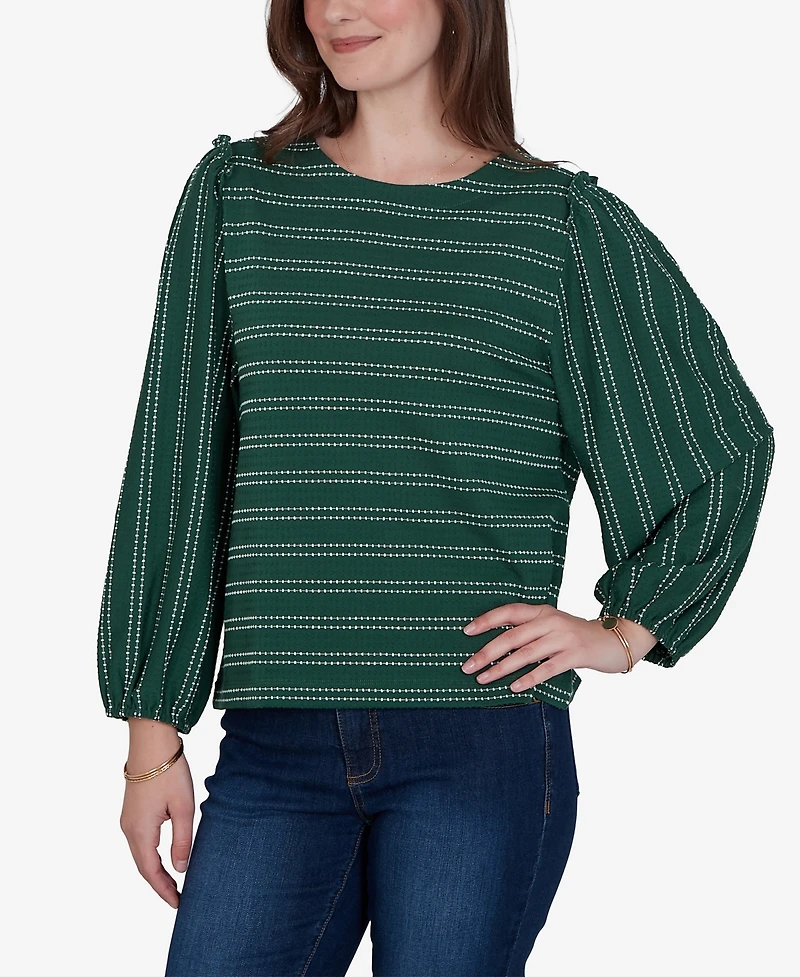 Ruby Rd. Petite Long-Sleeve Dobby-Stripe Crewneck Blouse