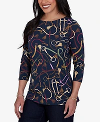 Ruby Rd. Petite Boat Neck 3/4-Sleeve Equestrian Print Blouse