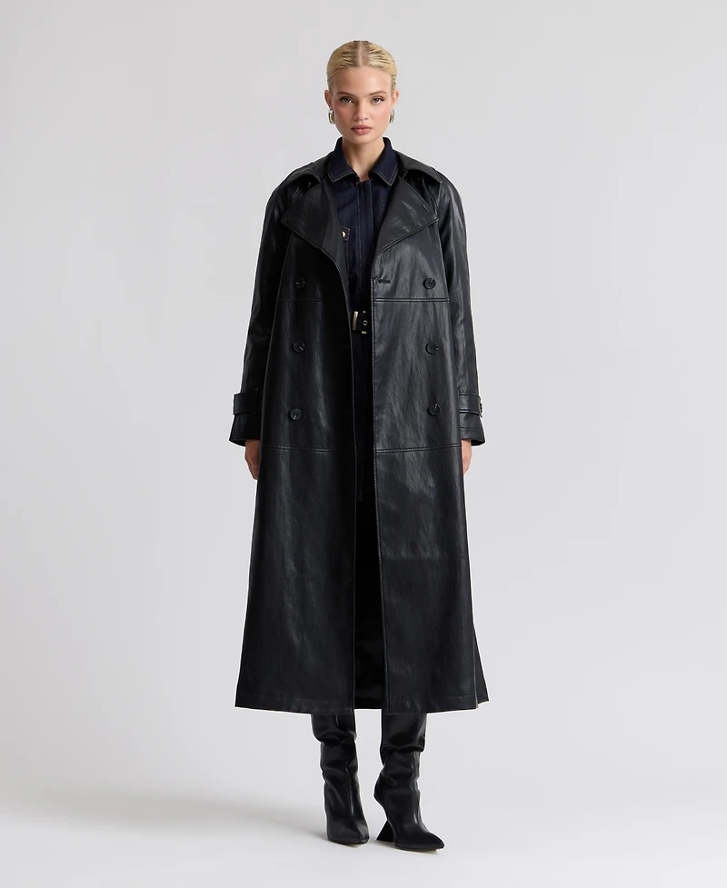 Avec Les Filles Women's Faux-Leather Belted Raglan-Sleeve Trench Coat