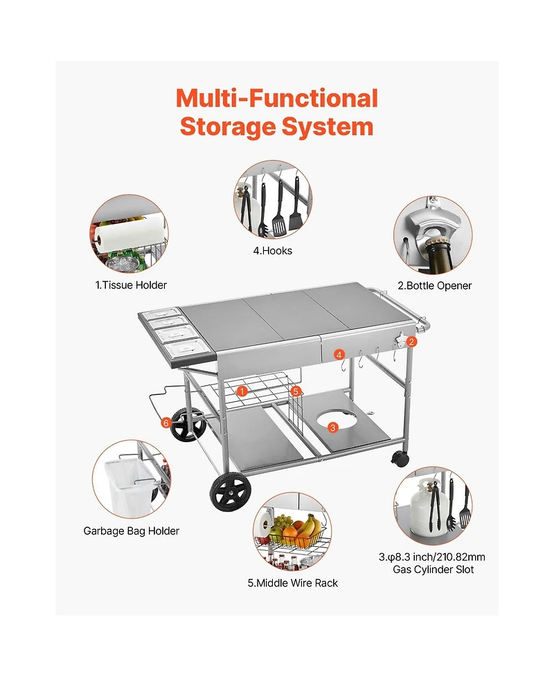 Mountaintop Outdoor Grill Cart, 36.4x23.4x1" Tabletop, Movable Cook Station 4 Spice Jars, Wheels, Lids, Hooks, for Picnic, Kitchen, Courtyard