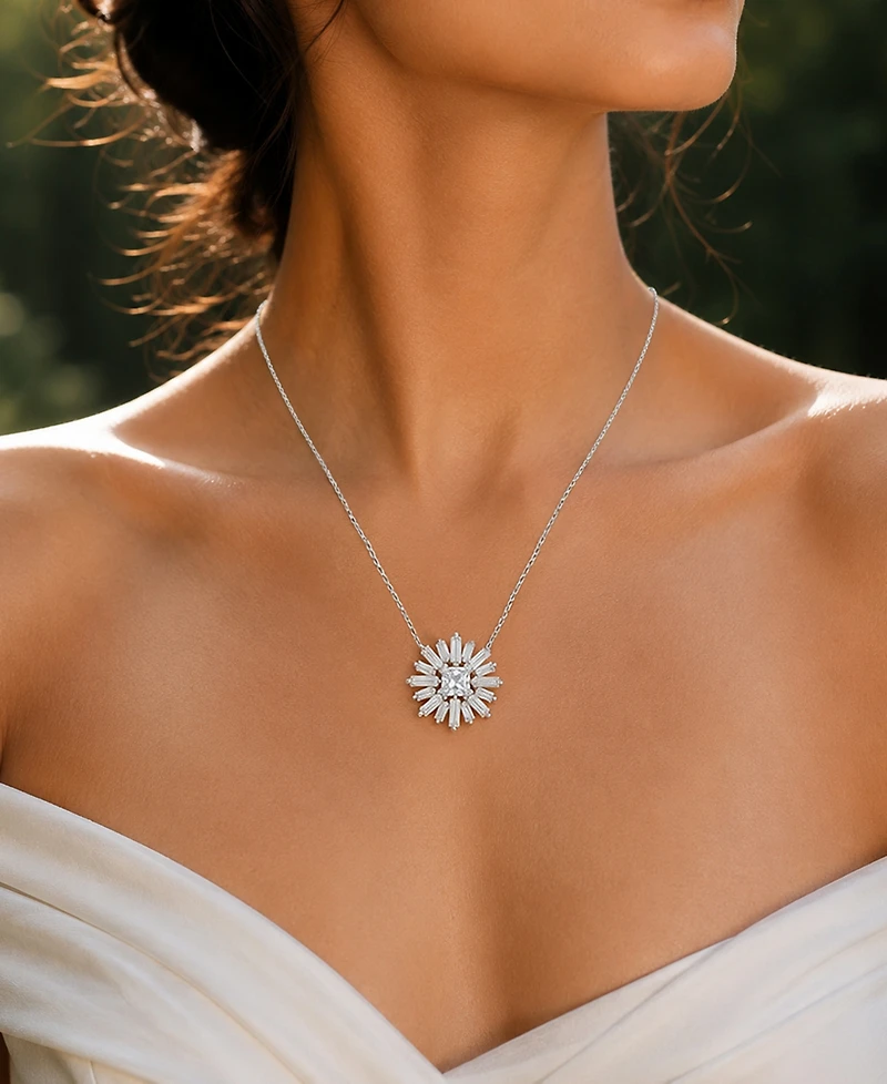 Macy's Rhodium Over Sterling Silver Baguette and Princess Cut Cubic Zirconia Sunshine Necklace