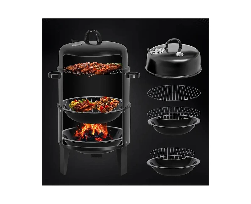 Mountaintop 16" 3-Tier Portable Charcoal Smoker Grill with Easy Temperature Control