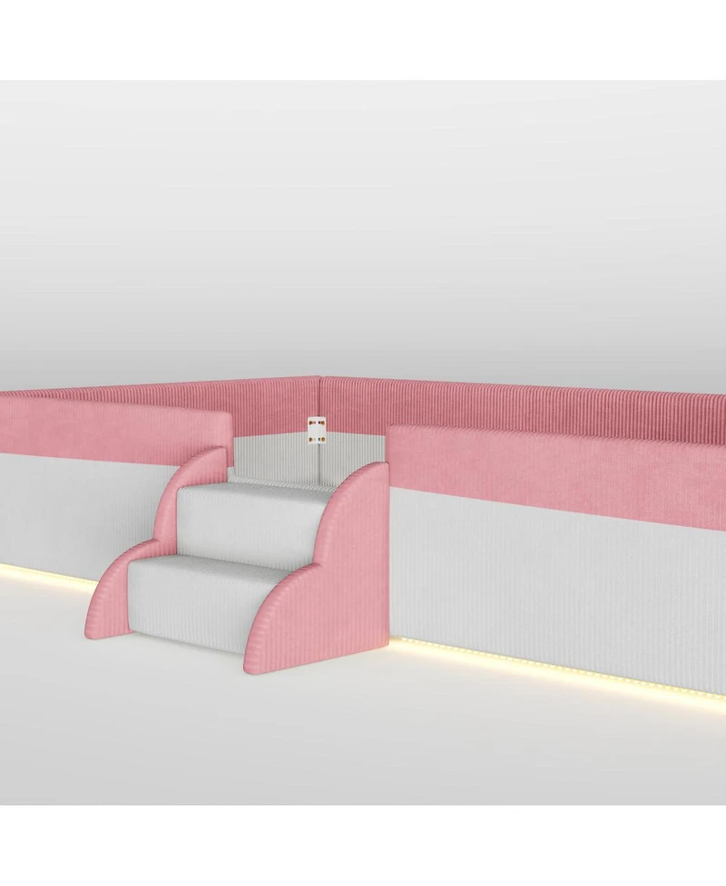 Streamdale Furniture Full Size Upholstered Floor Bed with Fence, Steps and Led Lights