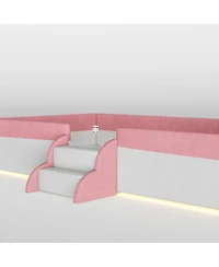 Streamdale Furniture Full Size Upholstered Floor Bed with Fence, Steps and Led Lights