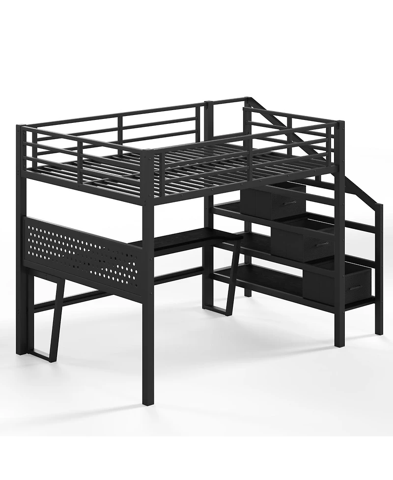 Streamdale Furniture Full Size Metal Loft Bed with Desk, Stairs, Usb, Led and Storage Drawers