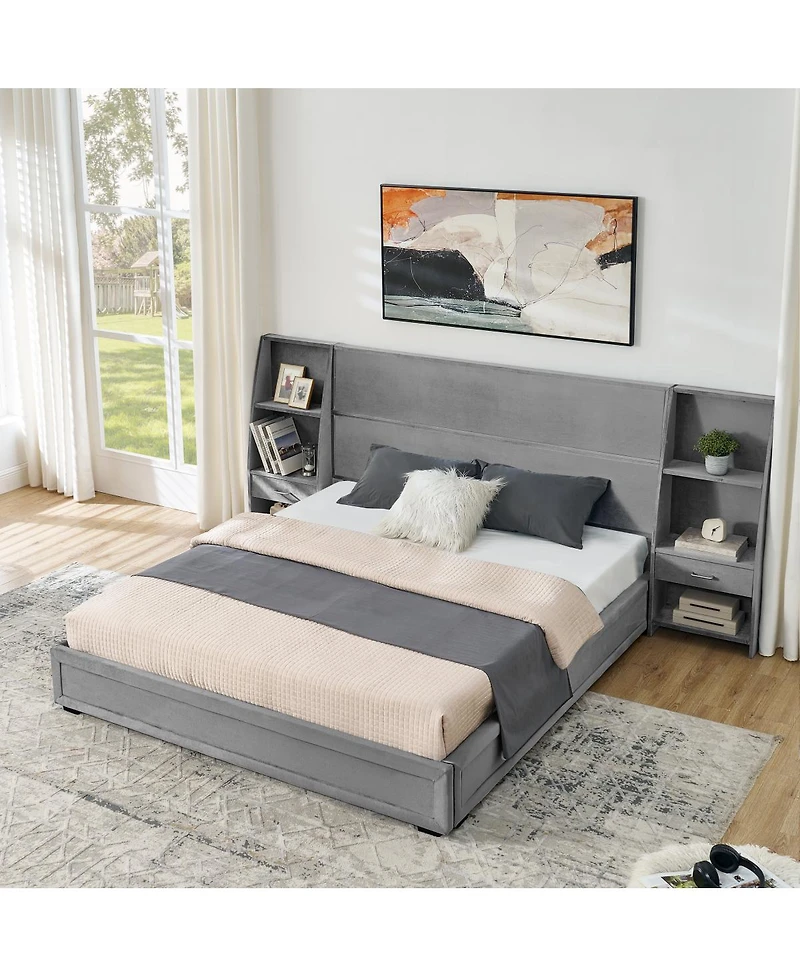 Streamdale Furniture Queen Velvet Storage Bed Frame with Bookcases and Drawer