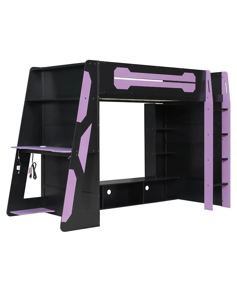 Streamdale Furniture Twin Size Wood Loft Bed with Desk, Multi-storage Shelves and Rgb Light