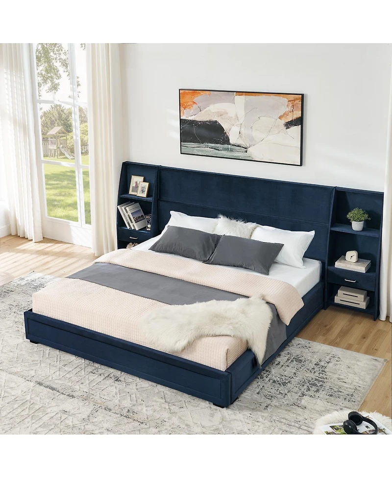 Streamdale Furniture King Size Velvet Storage Platform Bed with Bookcases and Drawer