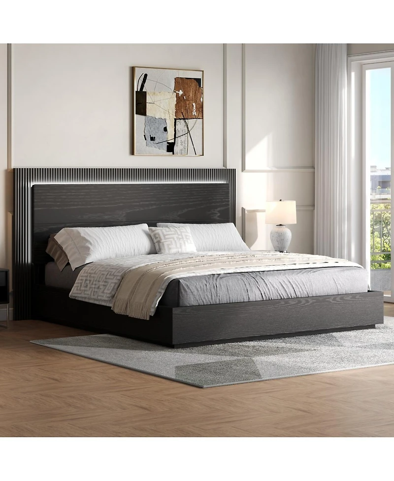 Streamdale Furniture Platform Bed Frame with Headboard and Led Light, Wood Slat Support, Queen