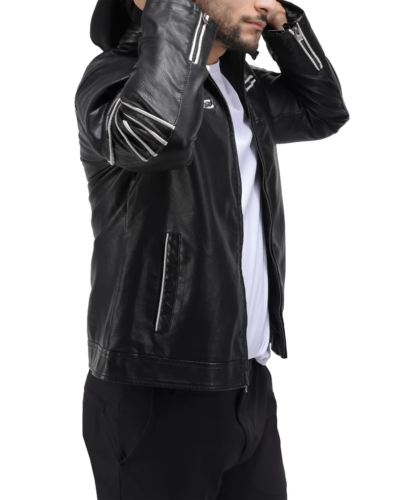 X-Ray Men's Grainy Polyurethane Moto Jacket with Hood and Faux Shearling Lining