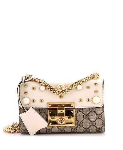 Pre-Owned Gucci Small Pearly Padlock Shoulder Bag Gg Coated Canvas with Studded Leather