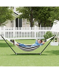 Double Hammock with Heavy-Duty Steel Stand, Indoor Outdoor Portable 2-Person Striped Cotton Freestanding Hammock with Carry Bag for Garden Camping