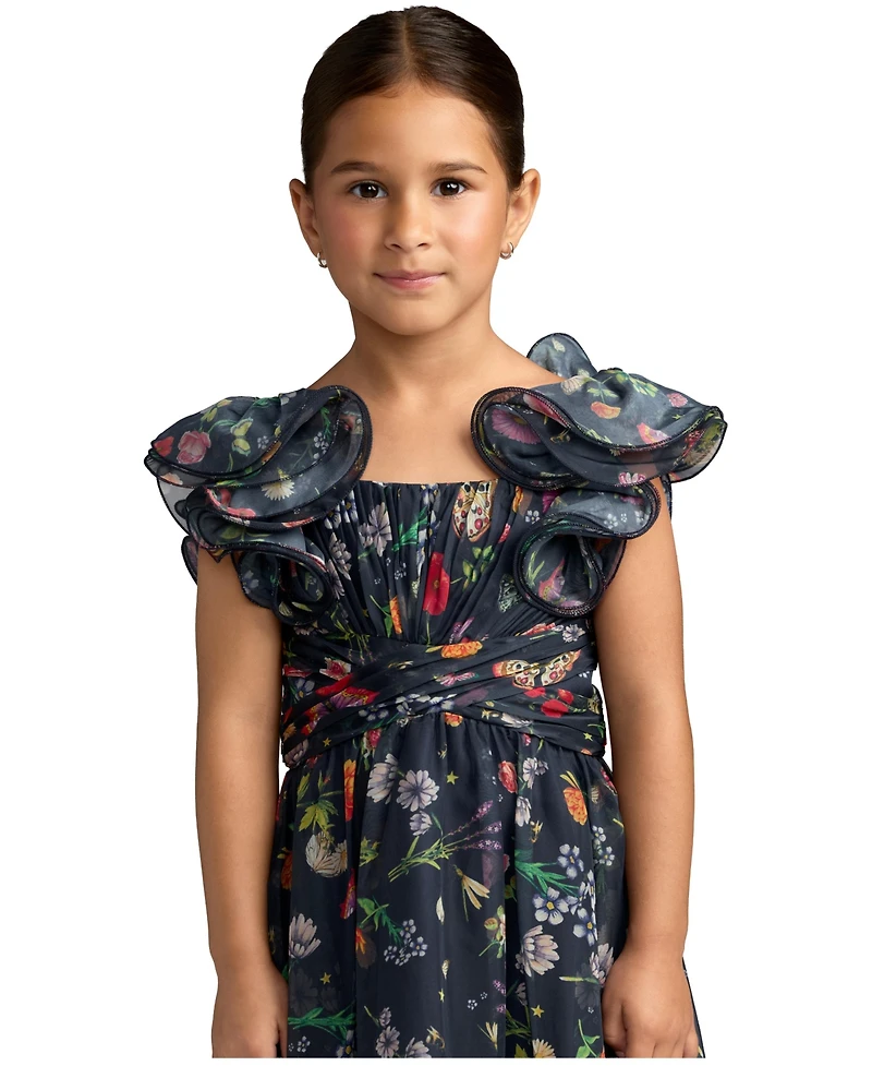 Mac Duggal Big Girls Floral Chiffon Ruffle Sleeve Dress