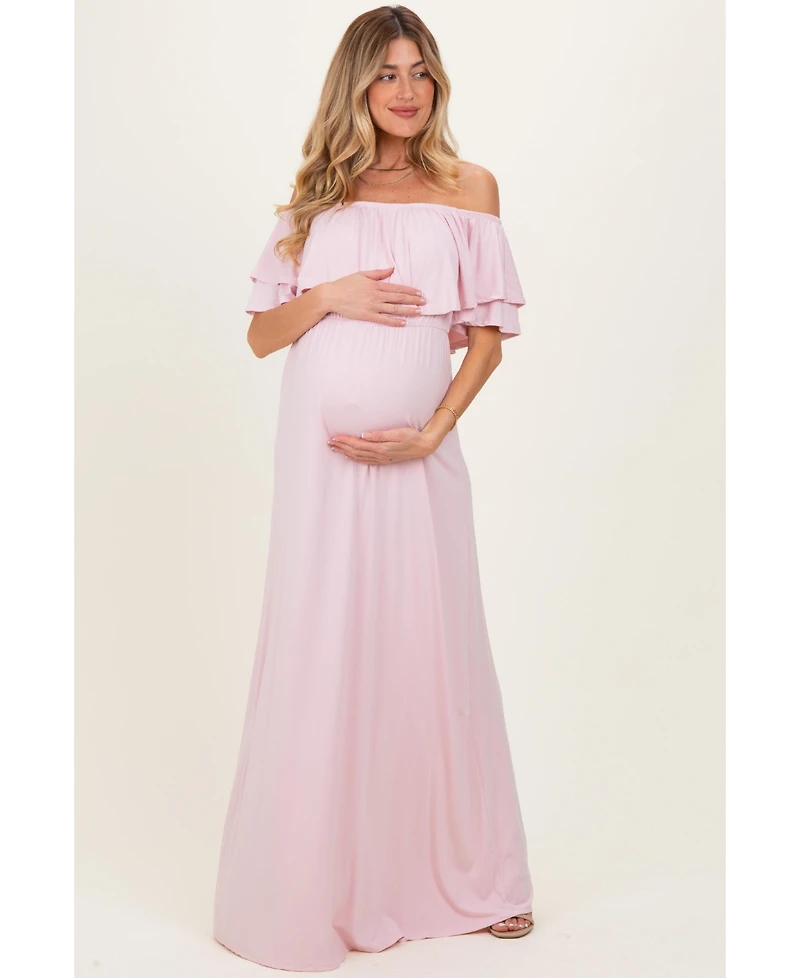 Pinkblush Women's Light Pink Ruffle Off Shoulder Maxi Dress