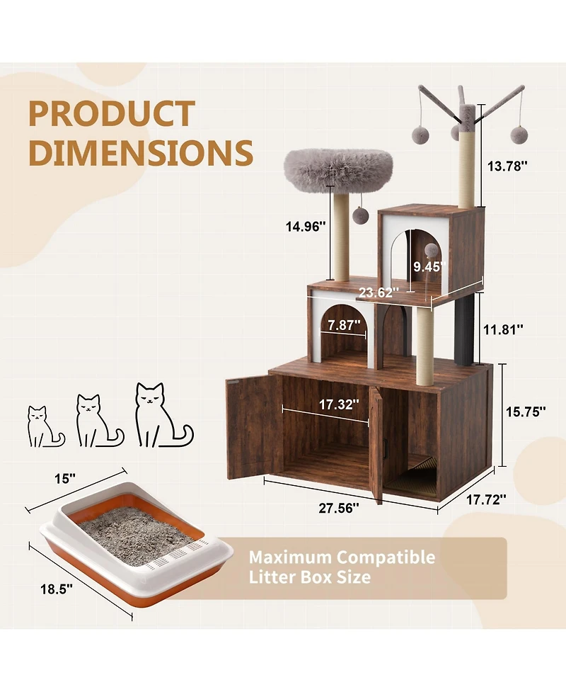 Cat Tree with Litter Box Enclosure Cat Tower Cabinet Furniture, Modern Indoor Wooden Cabinet with Sisal Scratching Post Plush Perch Elevated Platform