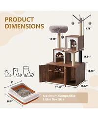 Cat Tree with Litter Box Enclosure Cat Tower Cabinet Furniture, Modern Indoor Wooden Cabinet with Sisal Scratching Post Plush Perch Elevated Platform