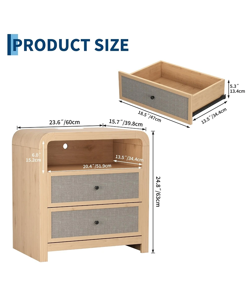 2-Drawer Nightstand, Modern Bedside Table with Built in Charging Station, Anti-Tip Kit, Sturdy Storage Cabinet for Bedroom, Living Room, Entryway
