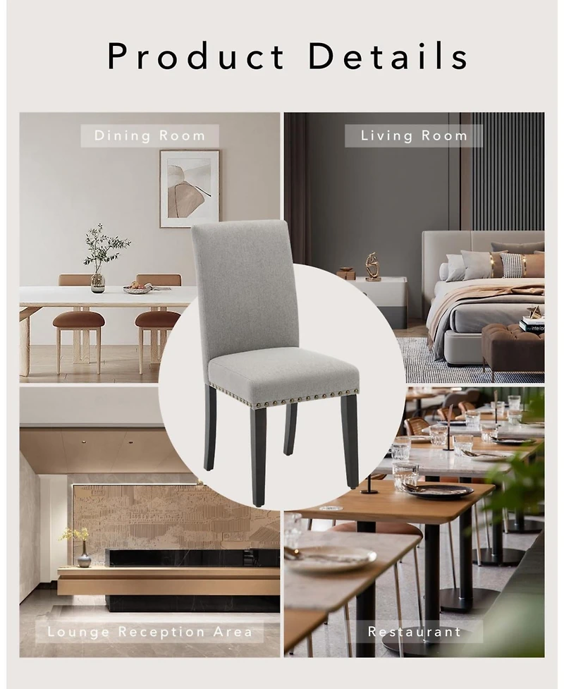 Modern Grey Linen Dining Chairs 6-Pack Nailhead Trim Padded Seat Solid Wood Legs Non-Slip Floor Pads for Home Restaurant