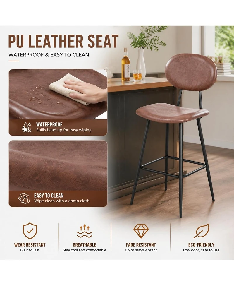 Set of 2 Bar Stools 43" Counter Height Faux Leather High Backrest with Metal Legs and Footrest for Kitchen Island Bar Dining Room Dark Brown