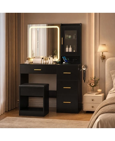 Vanity Desk with Mirror and Lights 37" Modern Makeup Dressing Table with Built-in Outlets Storage Stool 4 Drawers Led Mirror for Bedroom