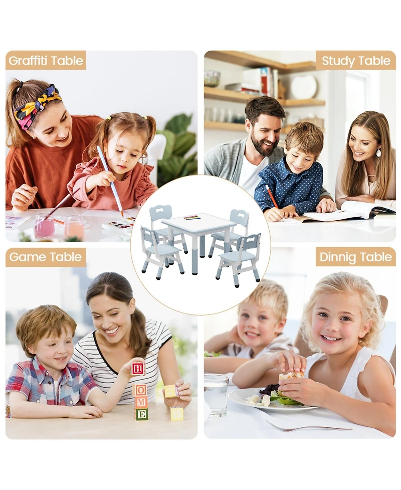 Kids Table and 4 Chairs Set Height Adjustable with Graffiti Desktop Non-Slip Legs Easy Clean Activity Desk for Toddlers Daycare Study Area Home