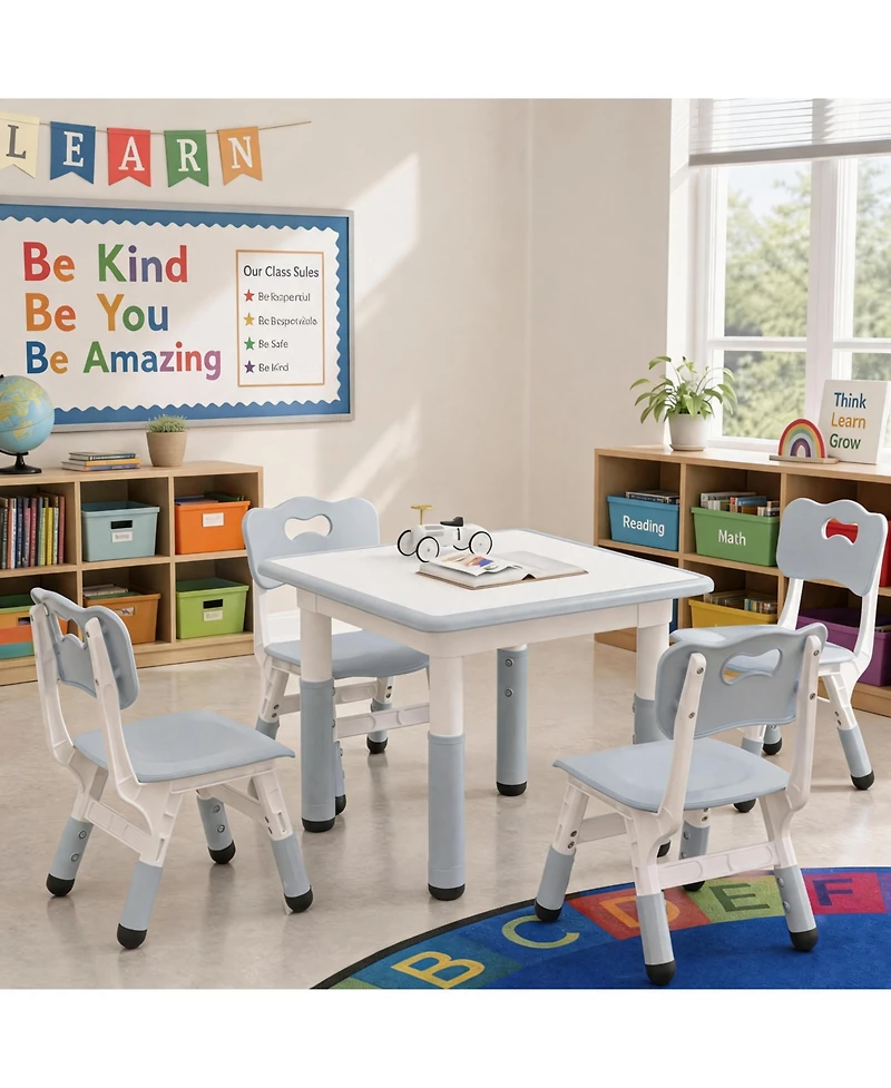 Kids Table and 4 Chairs Set Height Adjustable with Graffiti Desktop Non-Slip Legs Easy Clean Activity Desk for Toddlers Daycare Study Area Home
