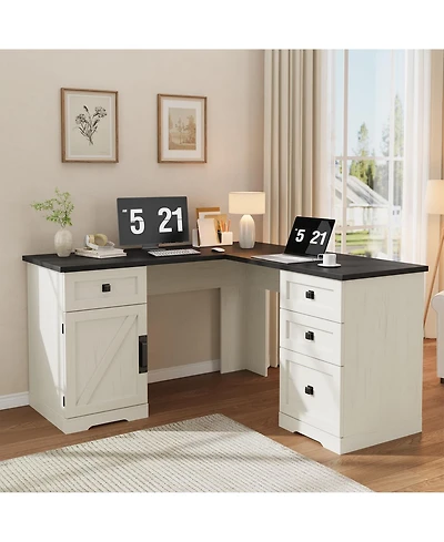 Farmhouse 60" L-Shaped Executive Desk with File Drawers and Adjustable Cabinet