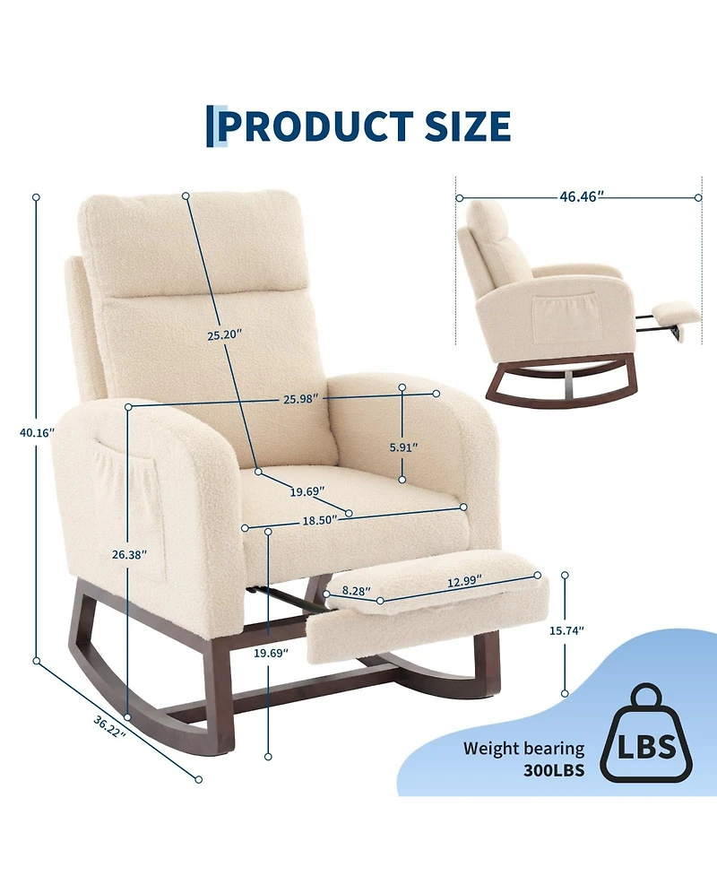 Nursery Glider Rocking Chair with Adjustable High Back, Side Pocket, Footrest, Stuffed Animal Upholstered Nursing Rocker with Wood Base for Nursery