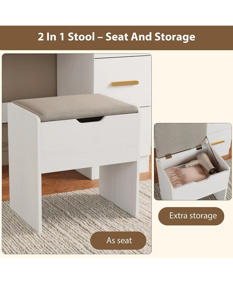 Makeup Vanity Desk with Led Lighted Mirror, Drawers, Cushioned Storage Stool, Built-in Charging Station, Dressing Table for Bedroom