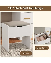 Makeup Vanity Desk with Led Lighted Mirror, Drawers, Cushioned Storage Stool, Built-in Charging Station, Dressing Table for Bedroom
