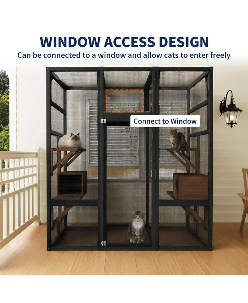 47.6 x 31.5 in Wooden Cat House, Large Outdoor Catio with Carbon Steel Frame, Multi-Level Cat Cage for Indoor Outdoor Cats