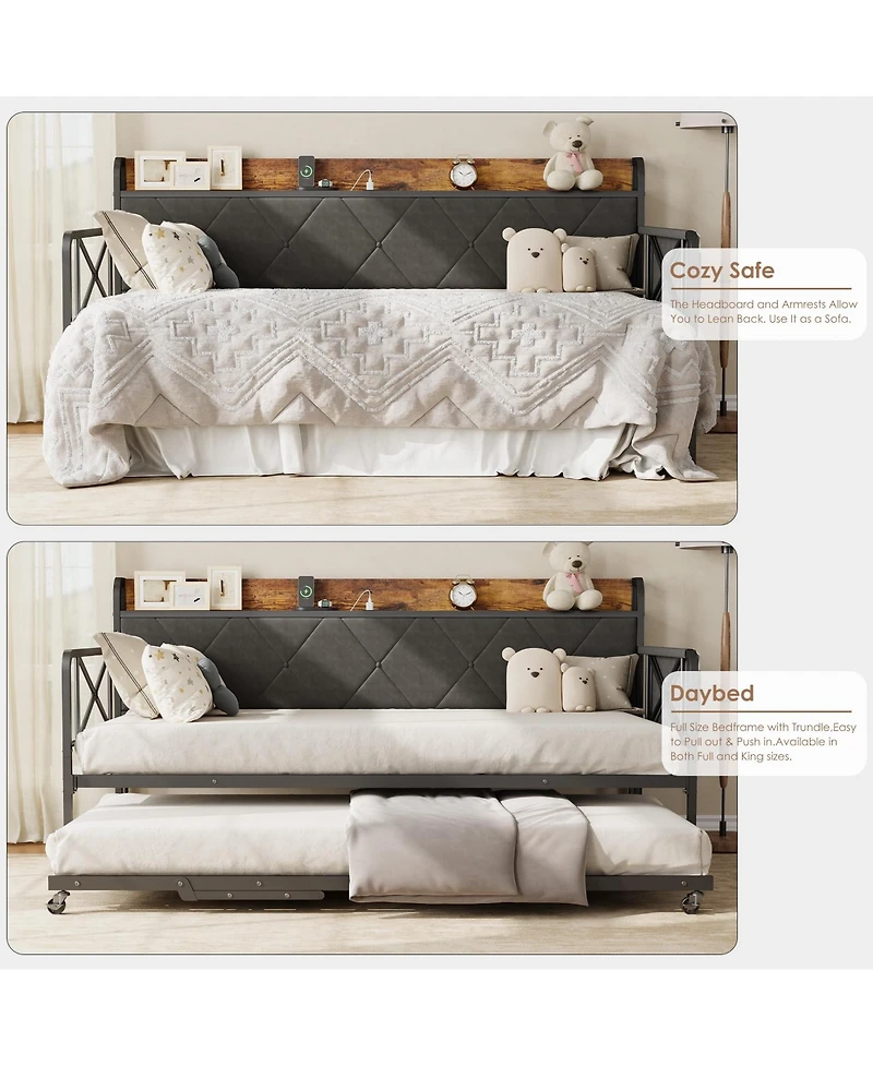 Daybed with Pull Out Trundle, Twin Bed Frame with Upholstered Headboard, Led Light, Usb Charging Station, Multi-Pocket Storage for Bedroom