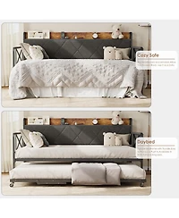 Daybed with Pull Out Trundle, Twin Bed Frame with Upholstered Headboard, Led Light, Usb Charging Station, Multi-Pocket Storage for Bedroom