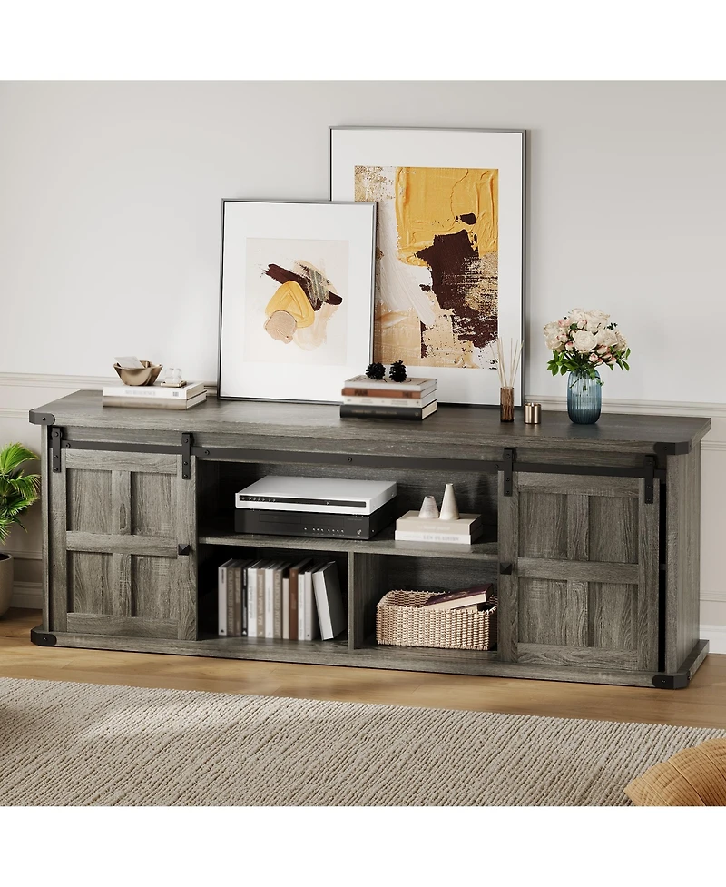 Farmhouse Tv Stand for TVs up to 75 Inch, Entertainment Center with Sliding Barn Doors, Storage Cabinets, Cable Management Hole, Media Console Table