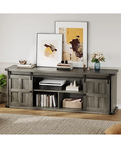 Farmhouse Tv Stand for TVs up to 75 Inch, Entertainment Center with Sliding Barn Doors, Storage Cabinets, Cable Management Hole, Media Console Table
