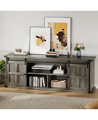 Farmhouse Tv Stand for TVs up to 75 Inch, Entertainment Center with Sliding Barn Doors, Storage Cabinets, Cable Management Hole, Media Console Table