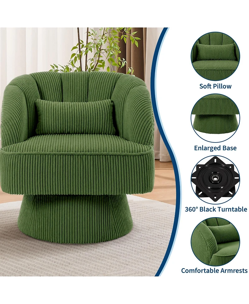Swivel Barrel Accent Chair, 360 Degree Upholstered Armchair, Comfy Lounge Reading Chair for Living Room Bedroom Reading Nook, Green Corduroy