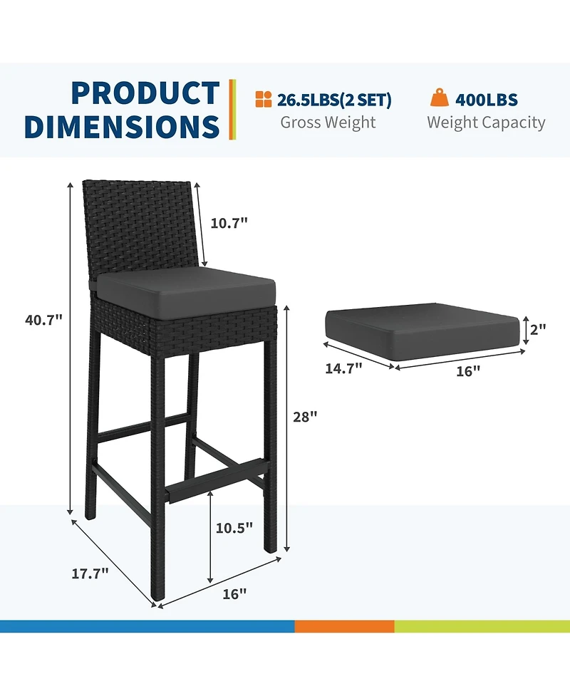 Set of 2 Wicker Outdoor Bar Stools, Counter Height Patio Bar Chairs with Soft Cushions, Backrest, Footrest, Weather Resistant Frame for Yard, Poolside