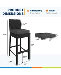 Set of 2 Wicker Outdoor Bar Stools, Counter Height Patio Bar Chairs with Soft Cushions, Backrest, Footrest, Weather Resistant Frame for Yard, Poolside