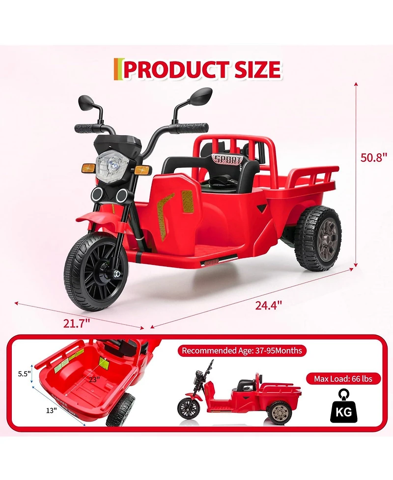 12V Kids Electric Motorcycle 3-Wheel Ride on Tractor with Trailer 2x55W Motor Bluetooth Music for Toddler Ages 3-8