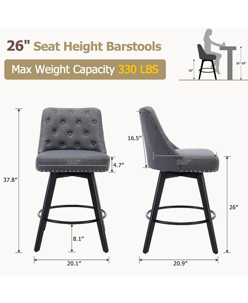 Modern Bar Stool Set of 2, 360 degrees) Swivel Counter Stool, Linen Upholstered Stool with Button Tufted Back, Footrest, Wooden Chair Set for Kitchen