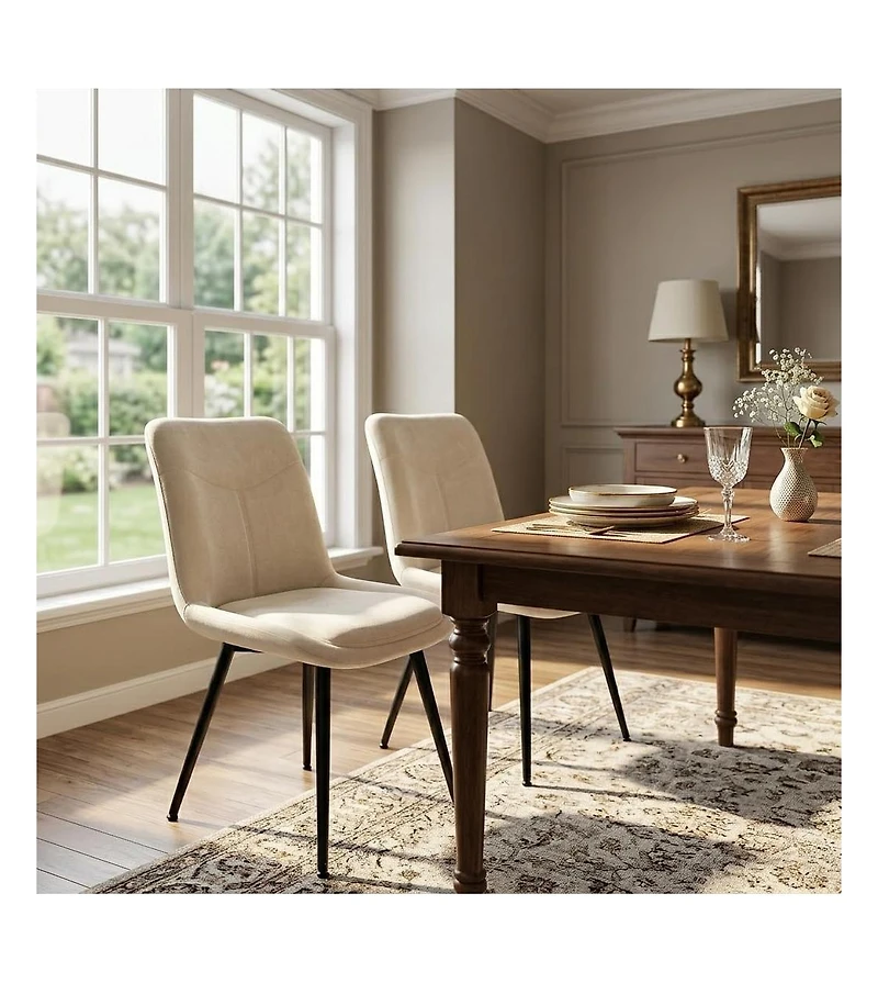 Set of 2 Chenille Upholstered Dining Chairs with Metal Frame and Adjustable Feet,Beige