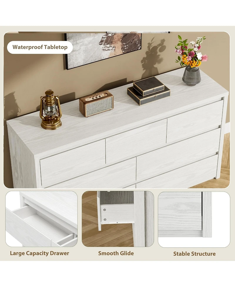 53 x 16 x 32 in 7 Drawer Dresser, Mid-Century Modern Handleless Chest of Drawers, Engineered Wood Storage Organizer for Bedroom, Embossed,White/Black