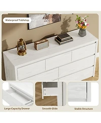 53 x 16 x 32 in 7 Drawer Dresser, Mid-Century Modern Handleless Chest of Drawers, Engineered Wood Storage Organizer for Bedroom, Embossed,White/Black