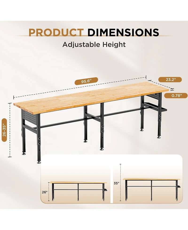 Streamdale Furniture 96" Adjustable Solid Wood Workbench with Power Outlet and Pegboard